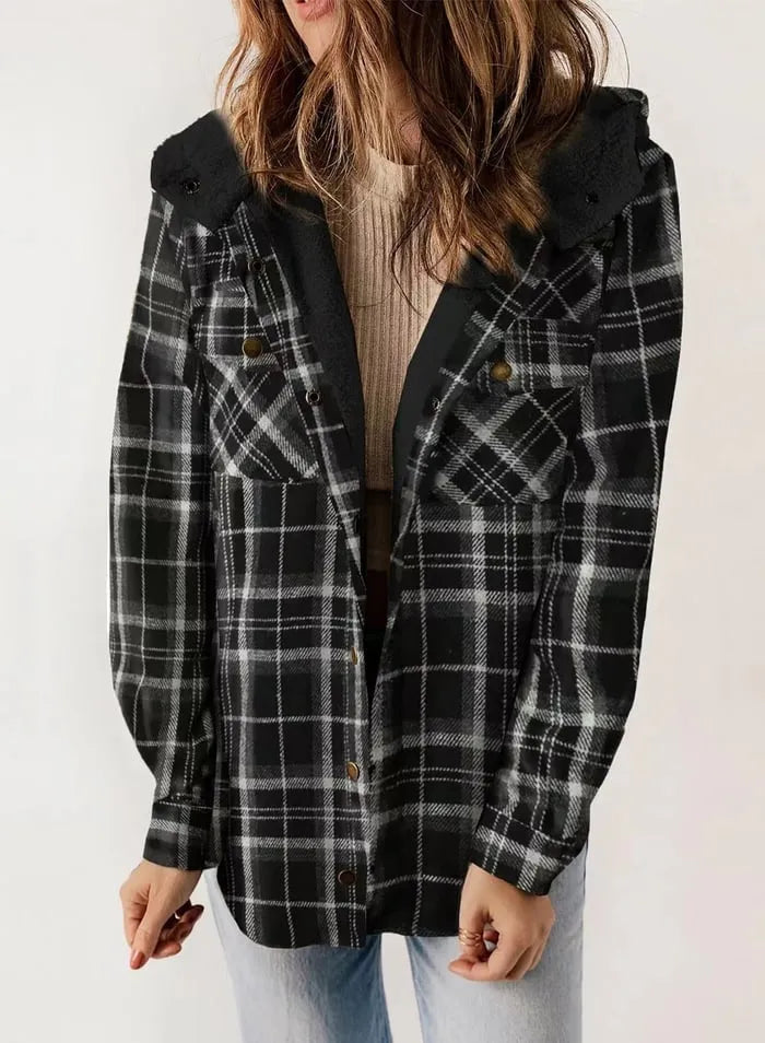 Plush Check Print Hooded Coat