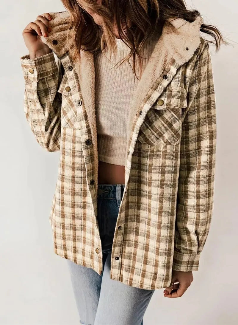 Plush Check Print Hooded Coat