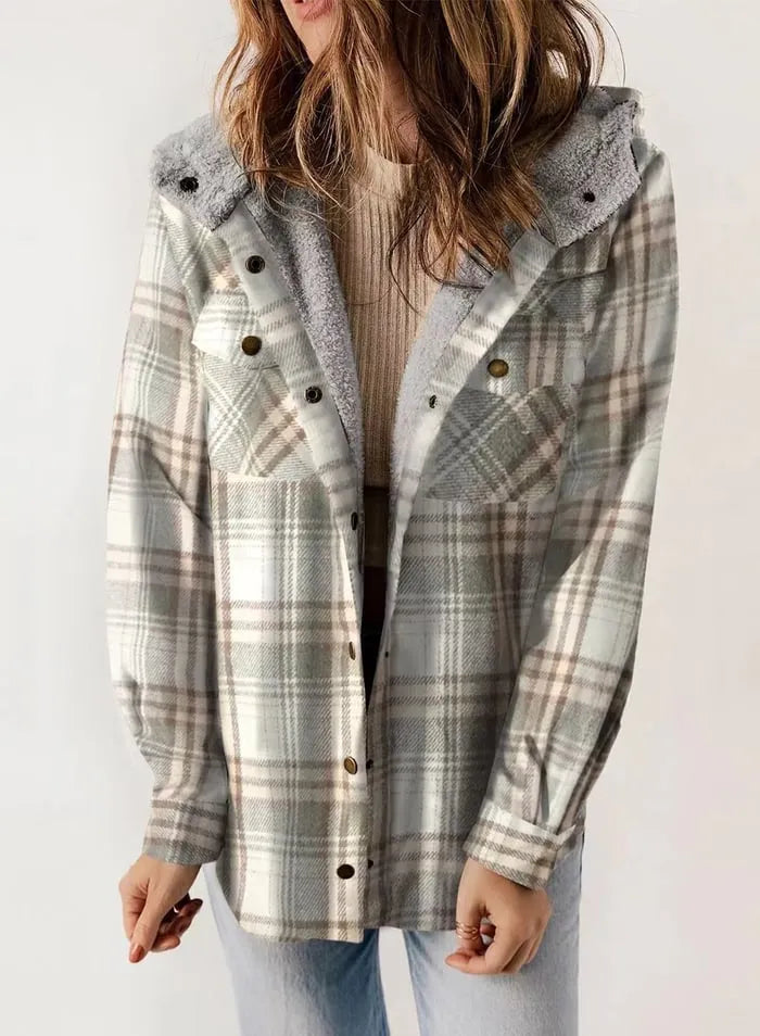 Plush Check Print Hooded Coat