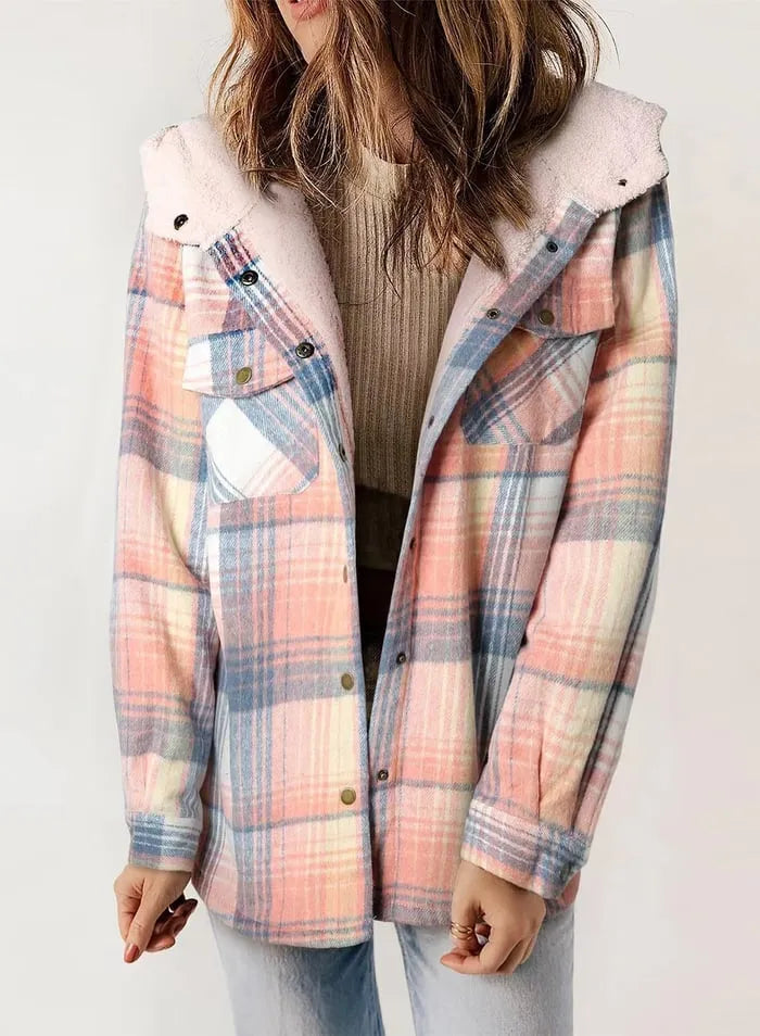 Plush Check Print Hooded Coat