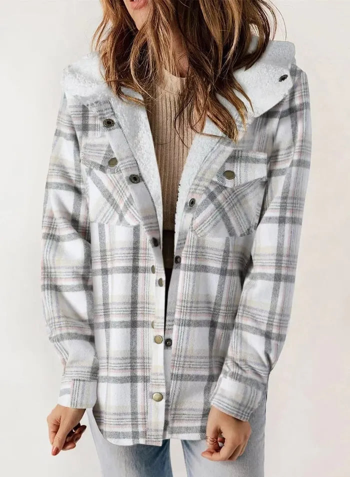 Plush Check Print Hooded Coat