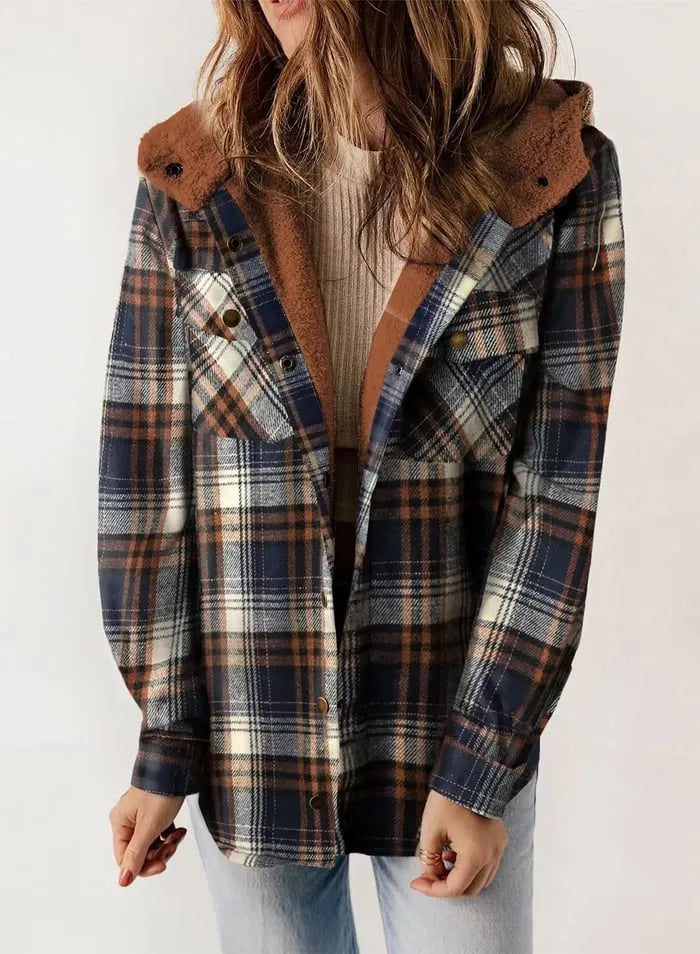 Plush Check Print Hooded Coat