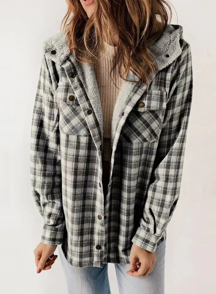 Plush Check Print Hooded Coat